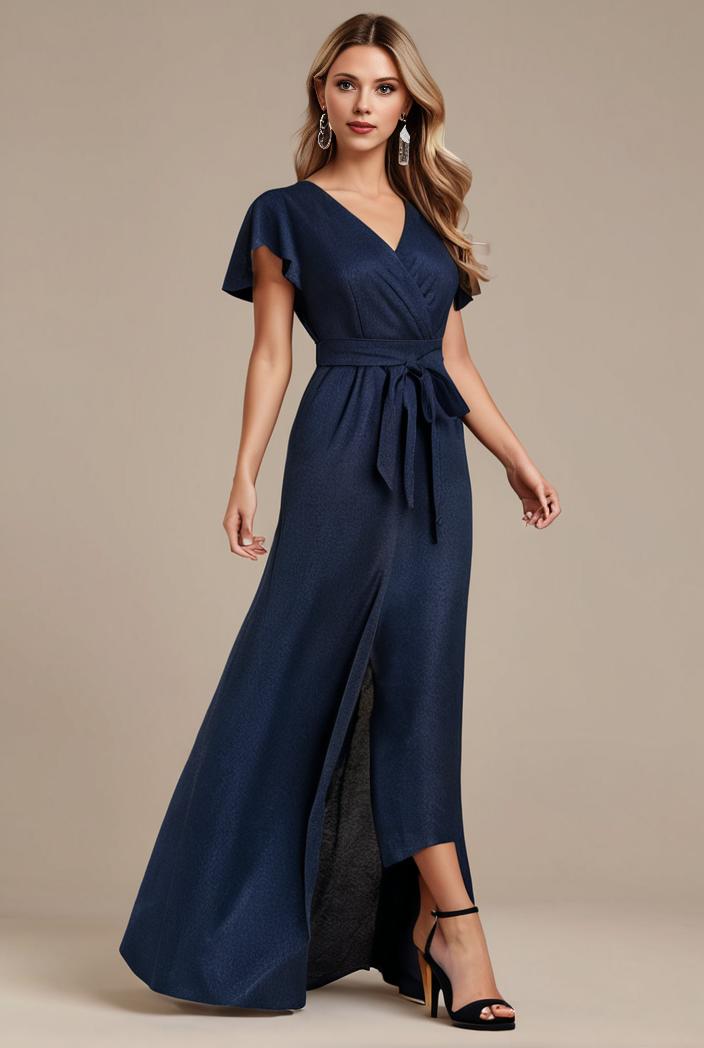 glitter high low front side slit ruffled v neck evening dress 127345