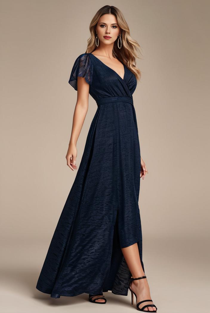glitter high low front side slit ruffled v neck evening dress 127346