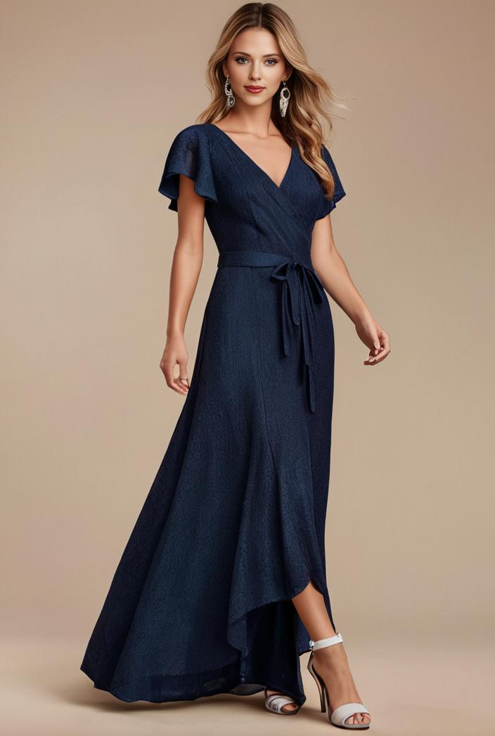 glitter high low front side slit ruffled v neck evening dress 127347