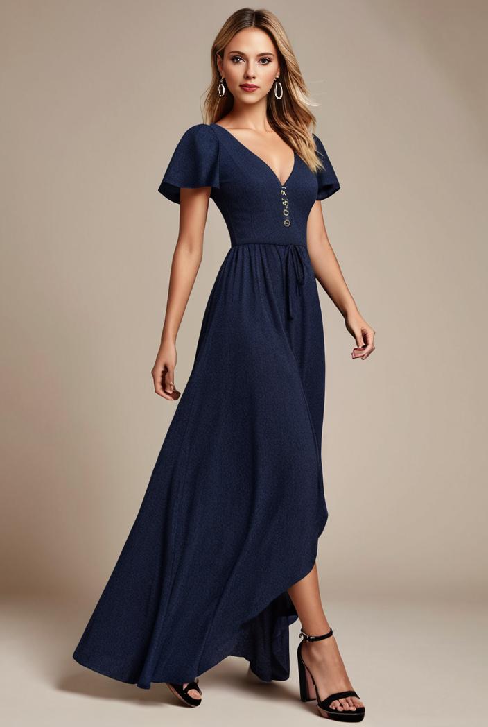 glitter high low front side slit ruffled v neck evening dress 127348