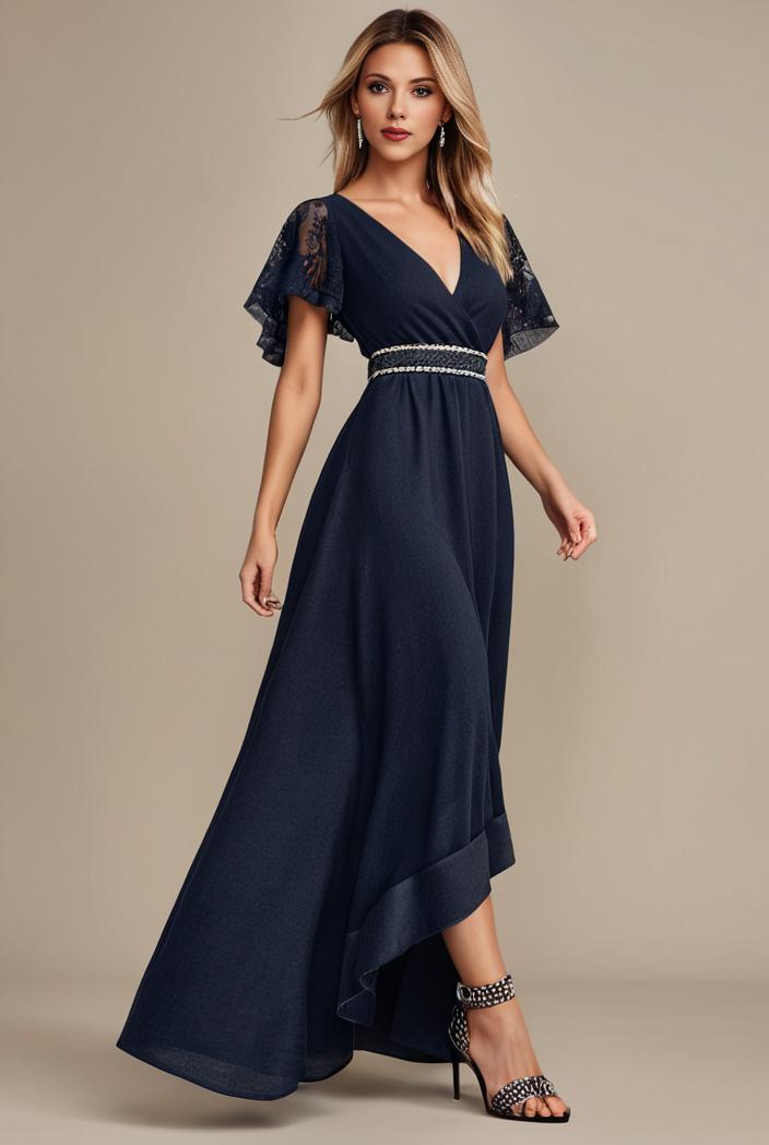 glitter high low front side slit ruffled v neck evening dress 127351