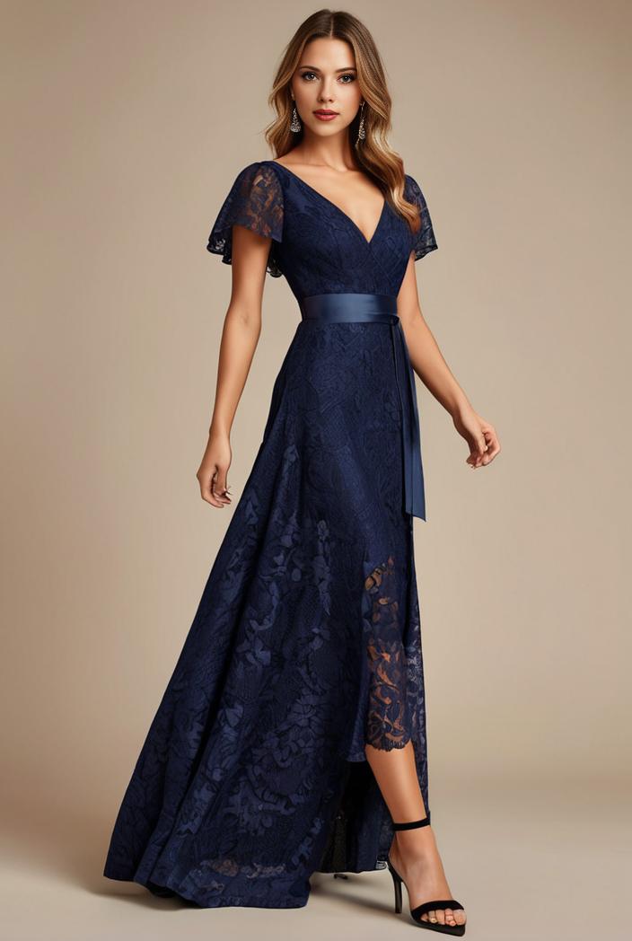 glitter high low front side slit ruffled v neck evening dress 127350