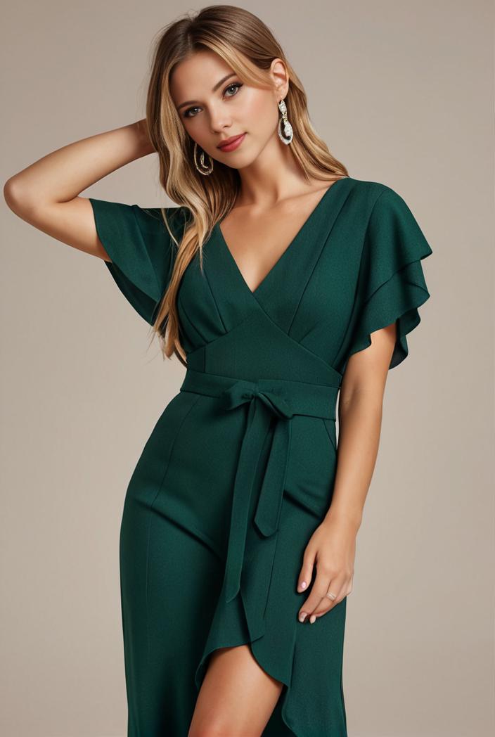glitter high low front side slit ruffled v neck evening dress 127360