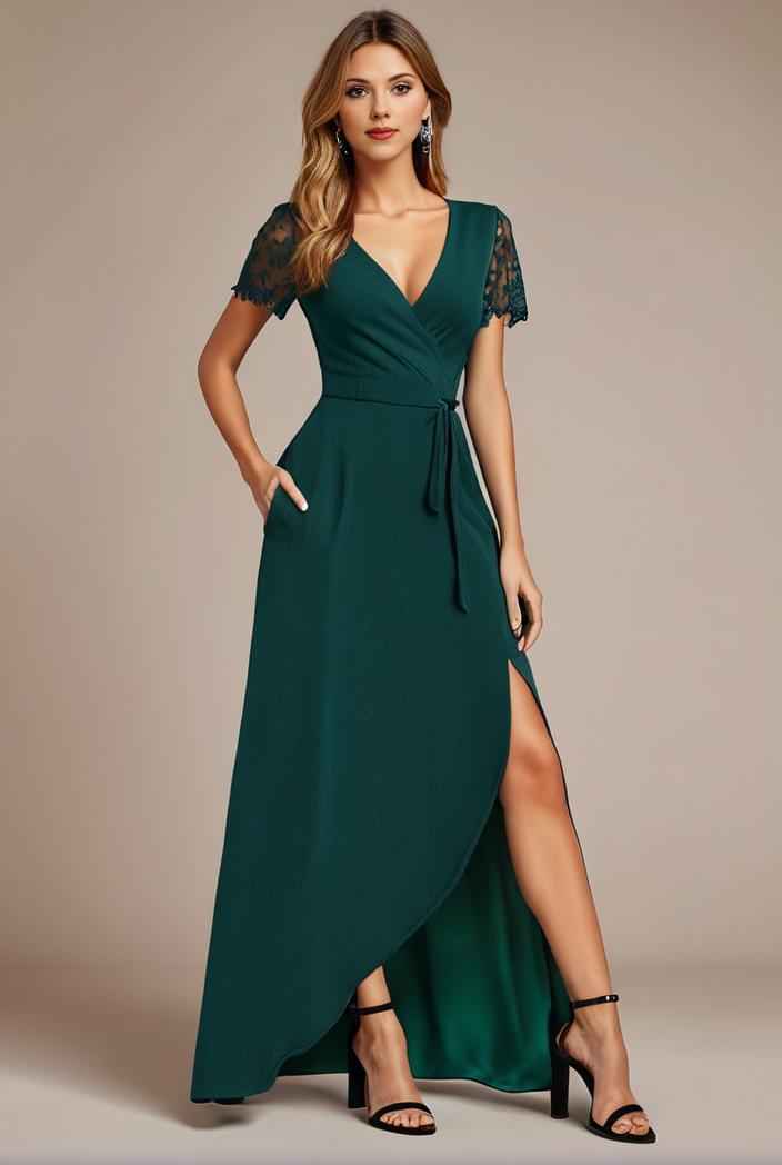 glitter high low front side slit ruffled v neck evening dress 127368
