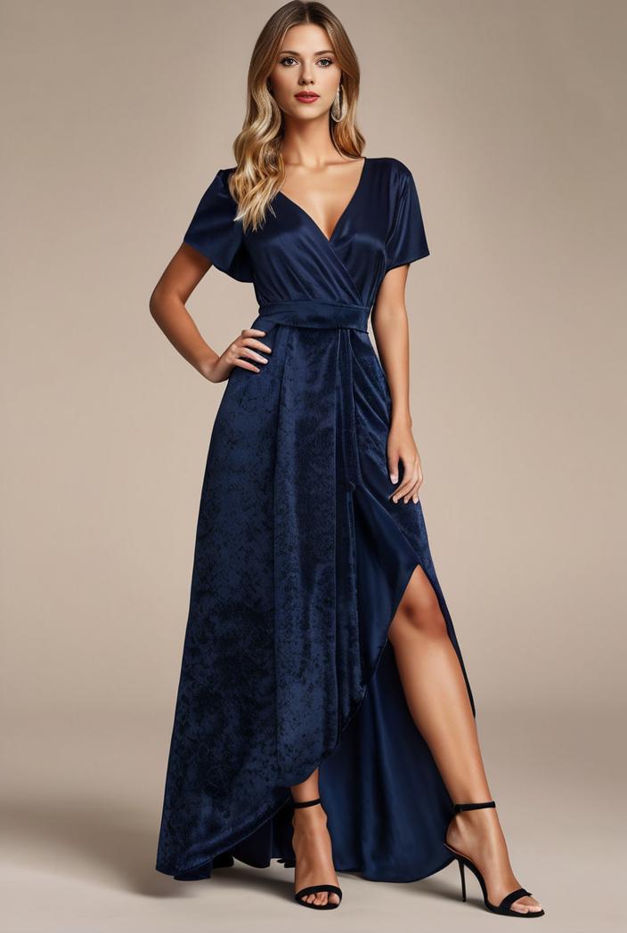 glitter high low front side slit ruffled v neck evening dress 127370