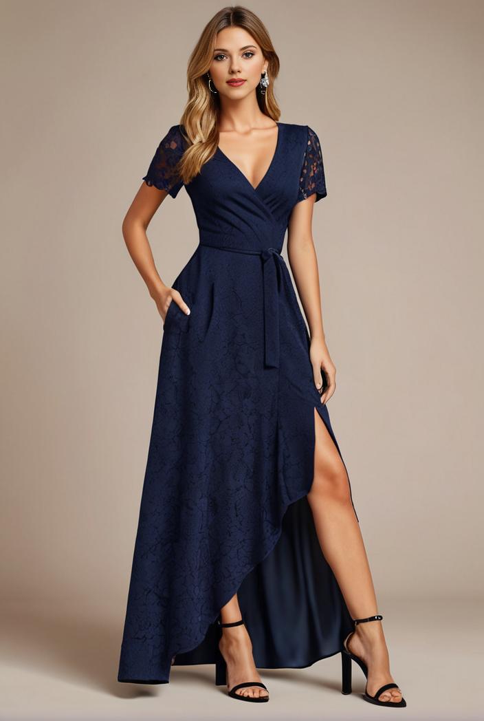 glitter high low front side slit ruffled v neck evening dress 127376