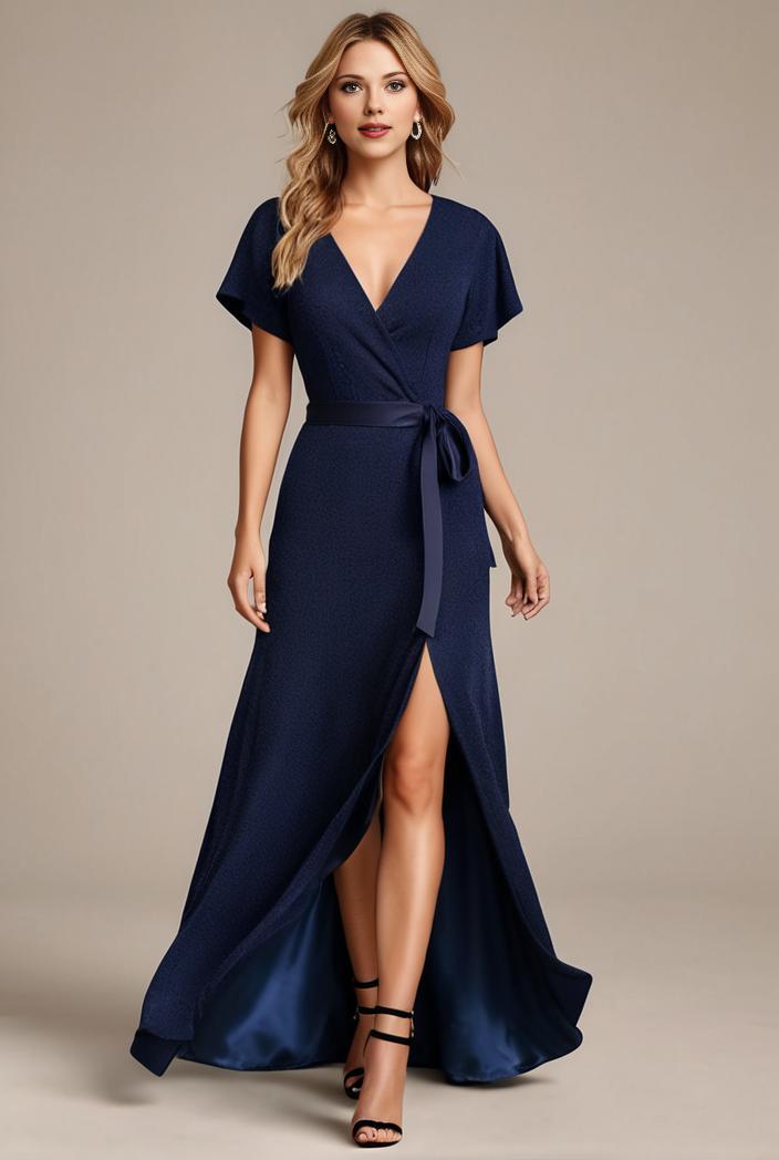 glitter high low front side slit ruffled v neck evening dress 127377
