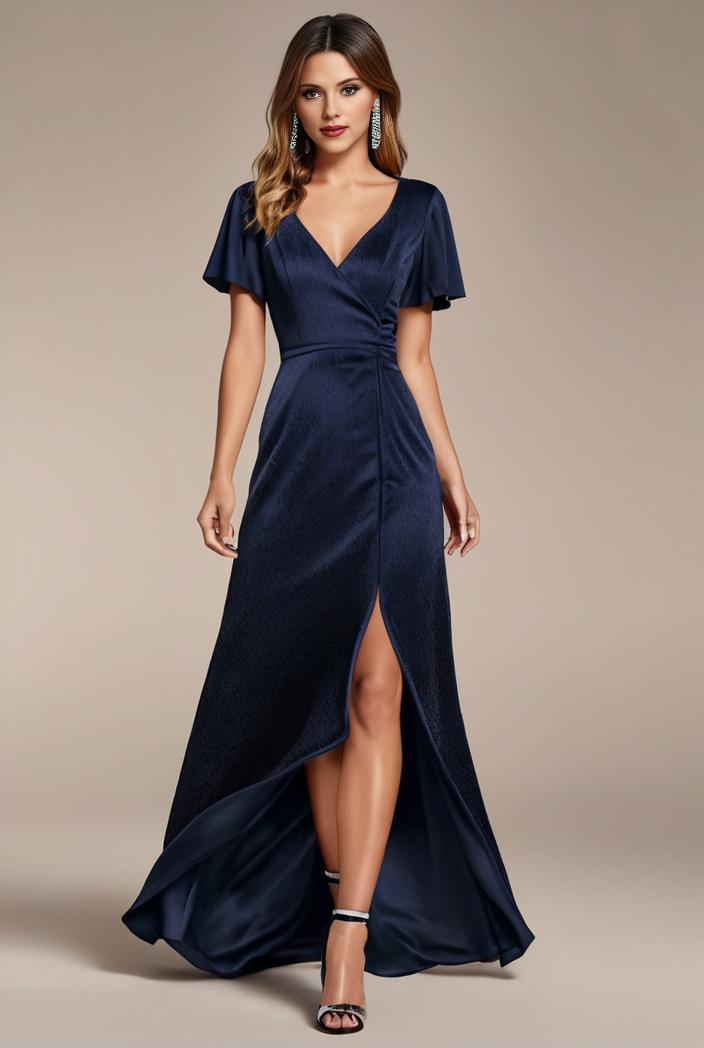 glitter high low front side slit ruffled v neck evening dress 127378