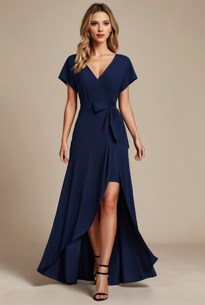 glitter high low front side slit ruffled v neck evening dress 127382
