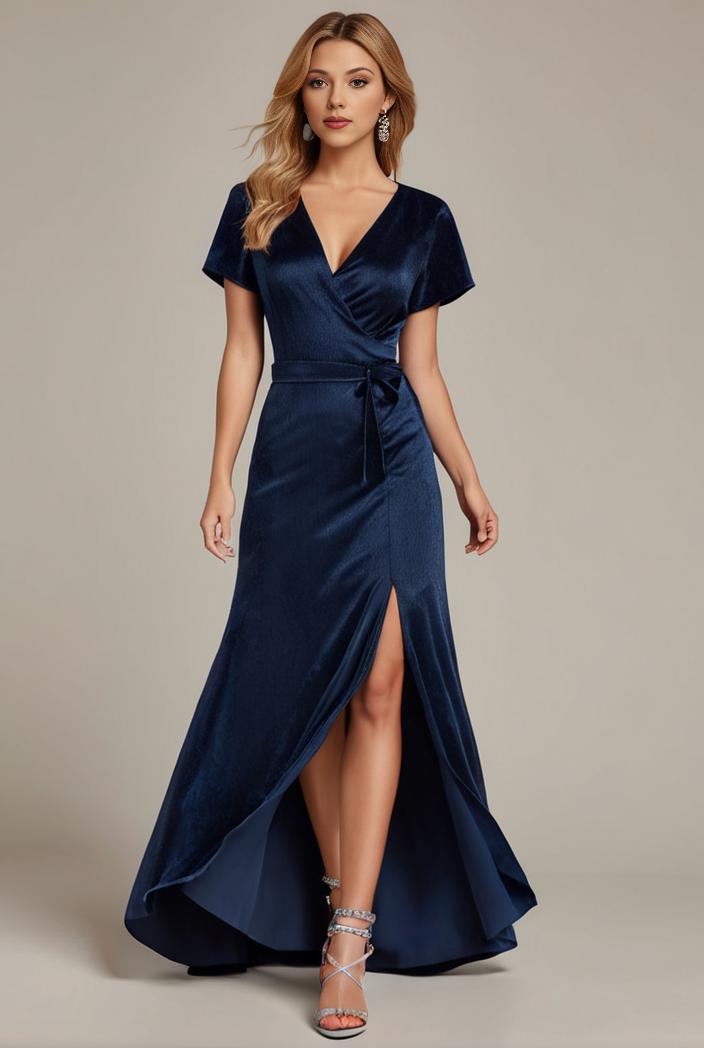 glitter high low front side slit ruffled v neck evening dress 127383