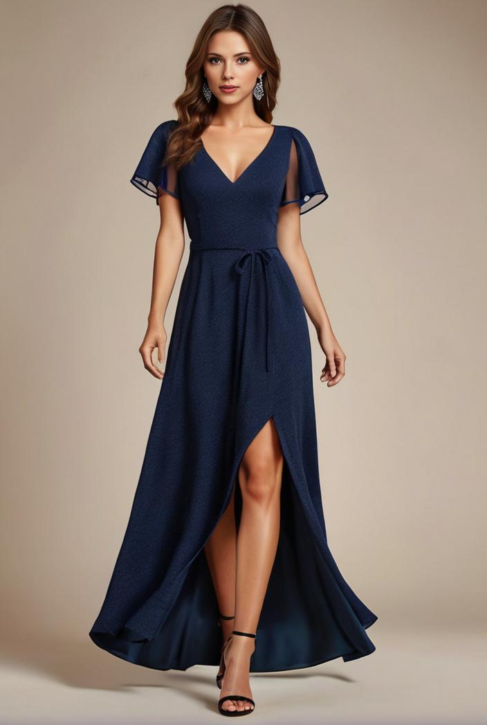glitter high low front side slit ruffled v neck evening dress 127384