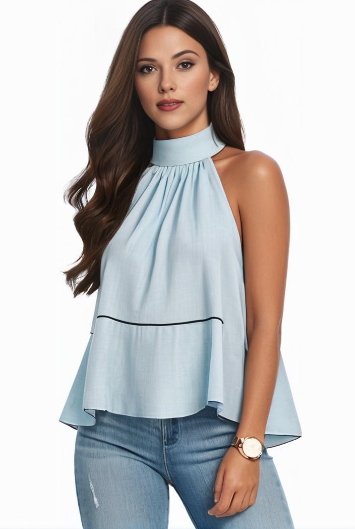 mock neck ruched ruffles sleeveless casual top 130809
