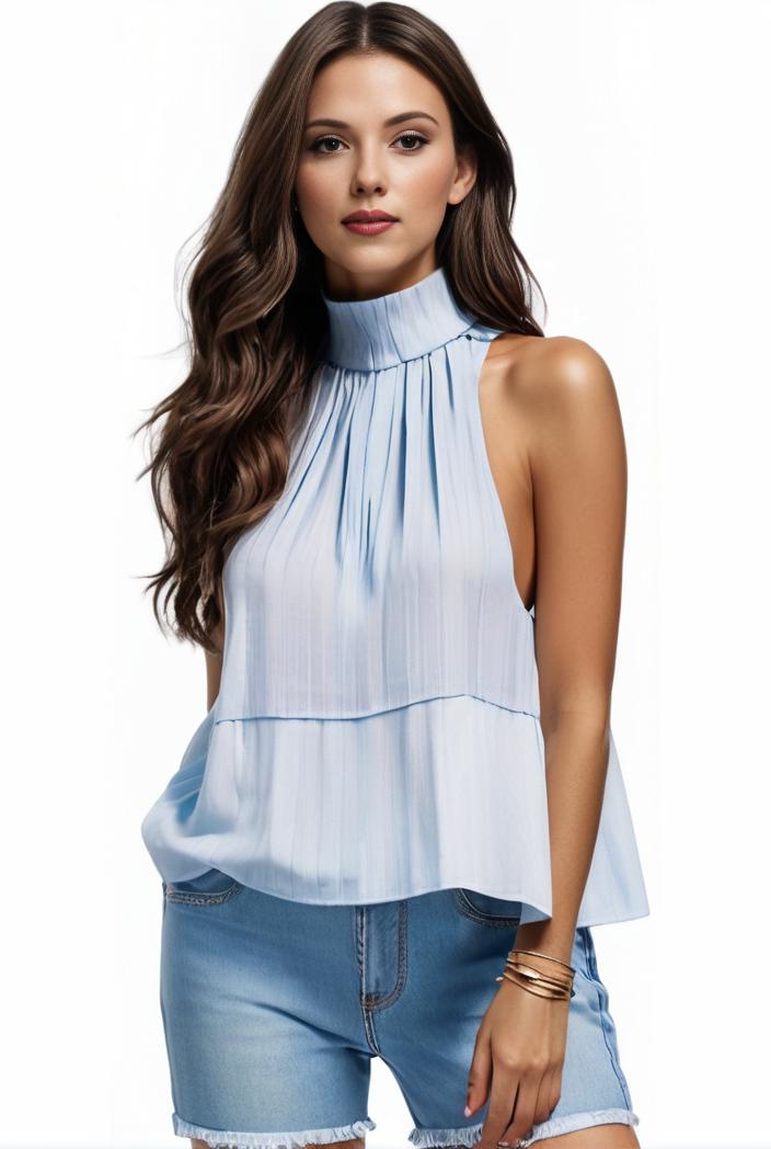 mock neck ruched ruffles sleeveless casual top 130812