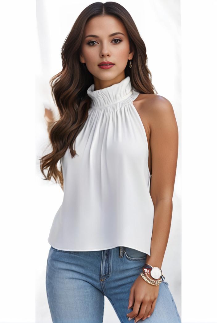 mock neck ruched ruffles sleeveless casual top 130814