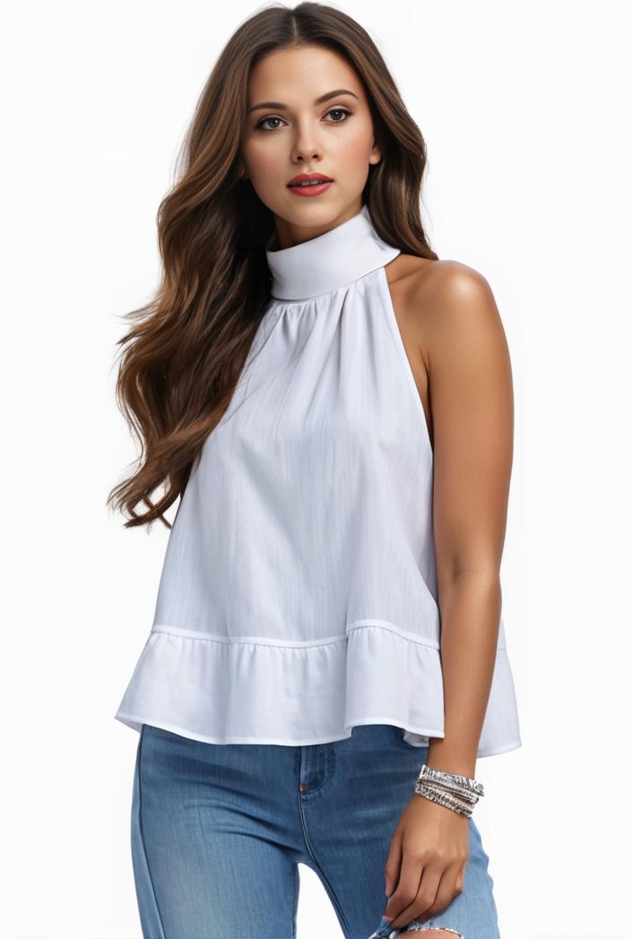 mock neck ruched ruffles sleeveless casual top 130815