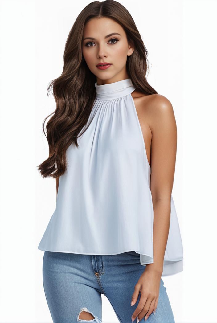 mock neck ruched ruffles sleeveless casual top 130813