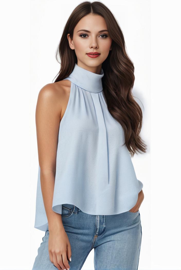 mock neck ruched ruffles sleeveless casual top 130817