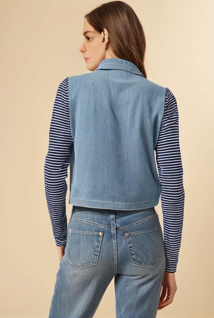 washed denim sleeveless vest with distressed ripped lapel women s denim jacket collection 123082