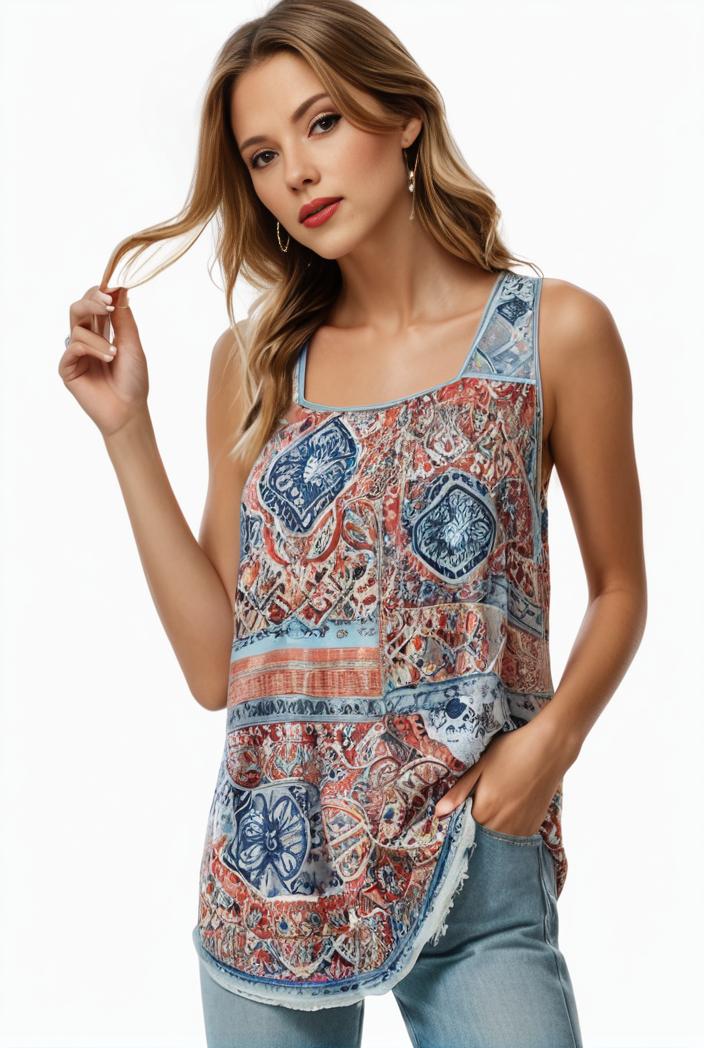 plus size boho tank top women s plus paisley print square neck medium stretch ruched tank top 133390