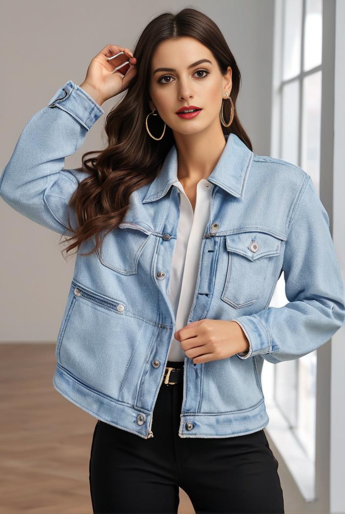 women s distressed blue denim jacket with flap pockets and lapel stylish long sleeve coat 123639