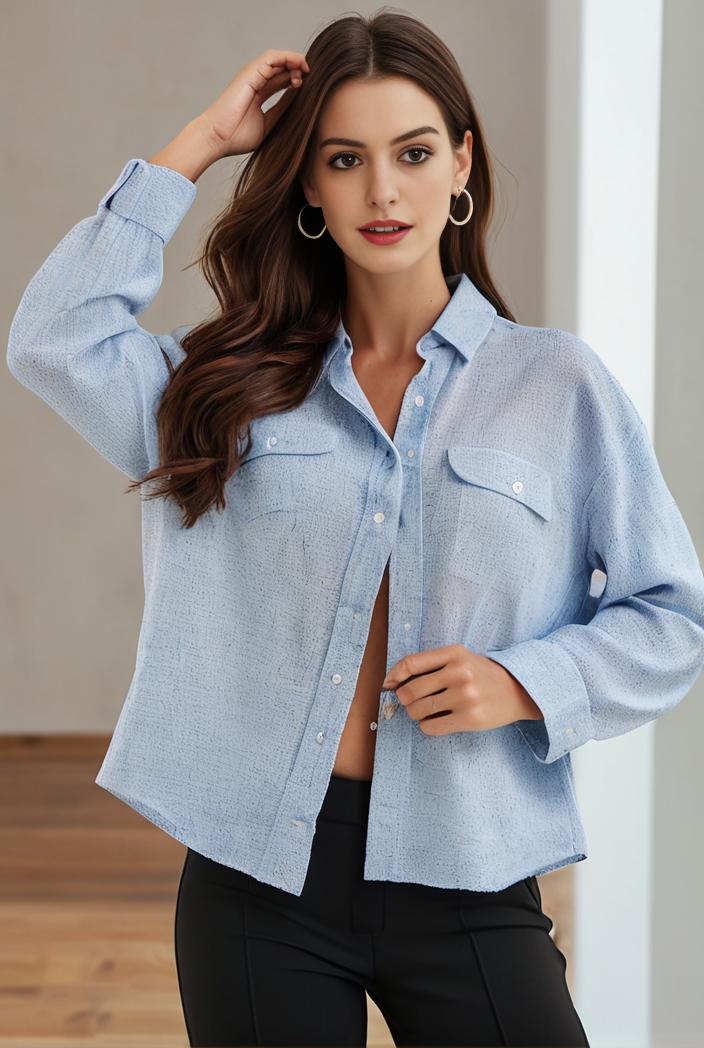 women s distressed blue denim jacket with flap pockets and lapel stylish long sleeve coat 123640