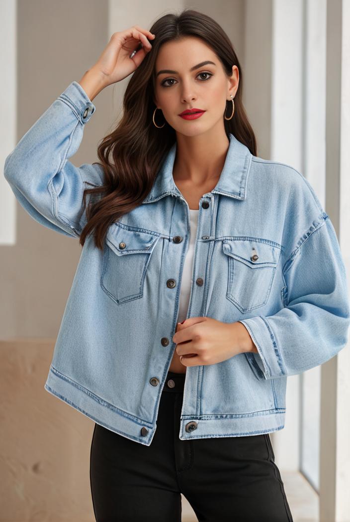 women s distressed blue denim jacket with flap pockets and lapel stylish long sleeve coat 123645