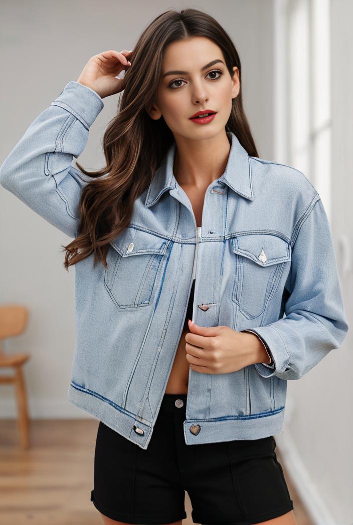 women s distressed blue denim jacket with flap pockets and lapel stylish long sleeve coat 123643