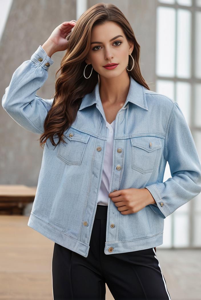 women s distressed blue denim jacket with flap pockets and lapel stylish long sleeve coat 123644