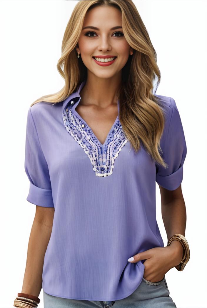 plus size elegant blouse women s plus solid contrast lace ribbed puff sleeve v neck shirt top 134403