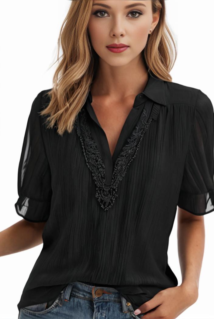plus size elegant blouse women s plus solid contrast lace ribbed puff sleeve v neck shirt top 134414