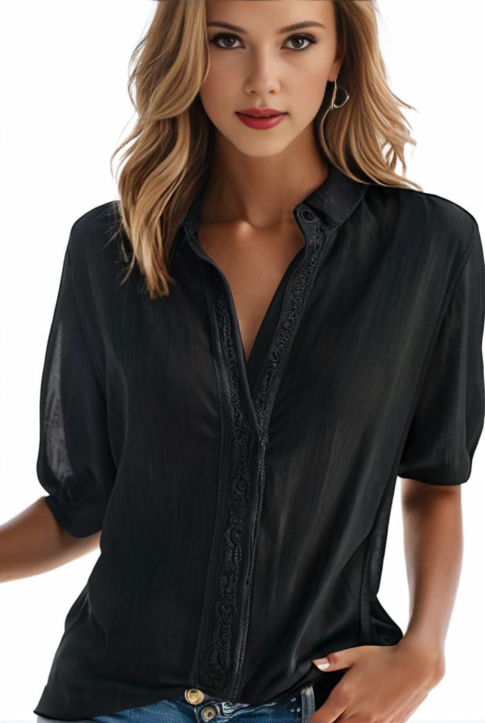 plus size elegant blouse women s plus solid contrast lace ribbed puff sleeve v neck shirt top 134416