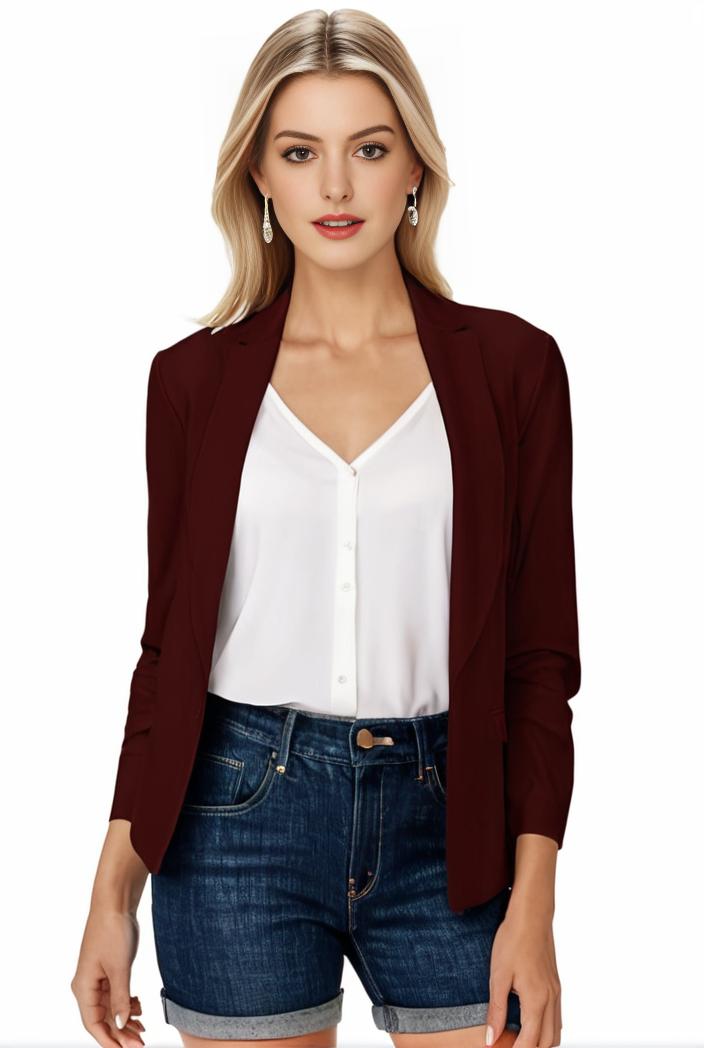 women s solid open front blazer with long sleeves for office wear 124359