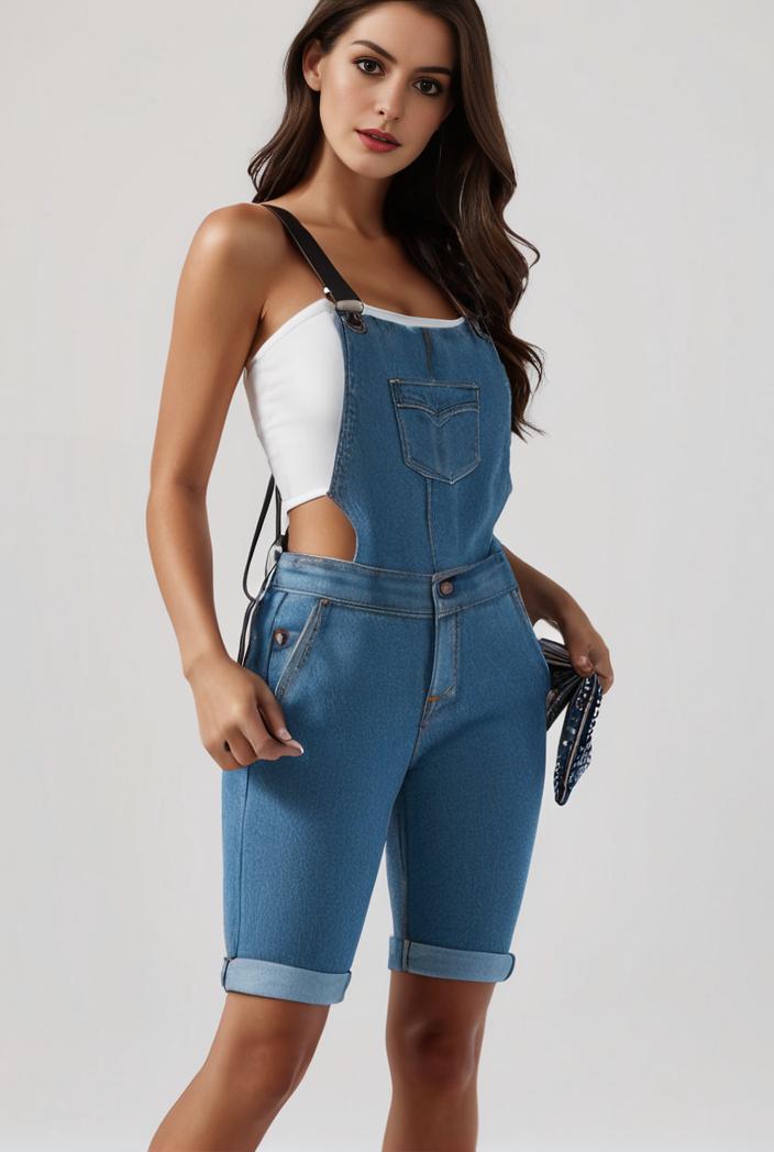 blue denim jumpsuit with distressed ripped details for women 126051