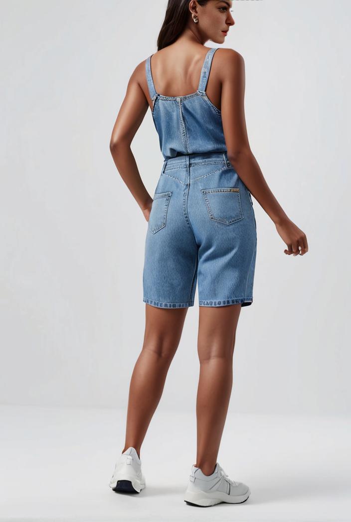 blue denim jumpsuit with distressed ripped details for women 126055