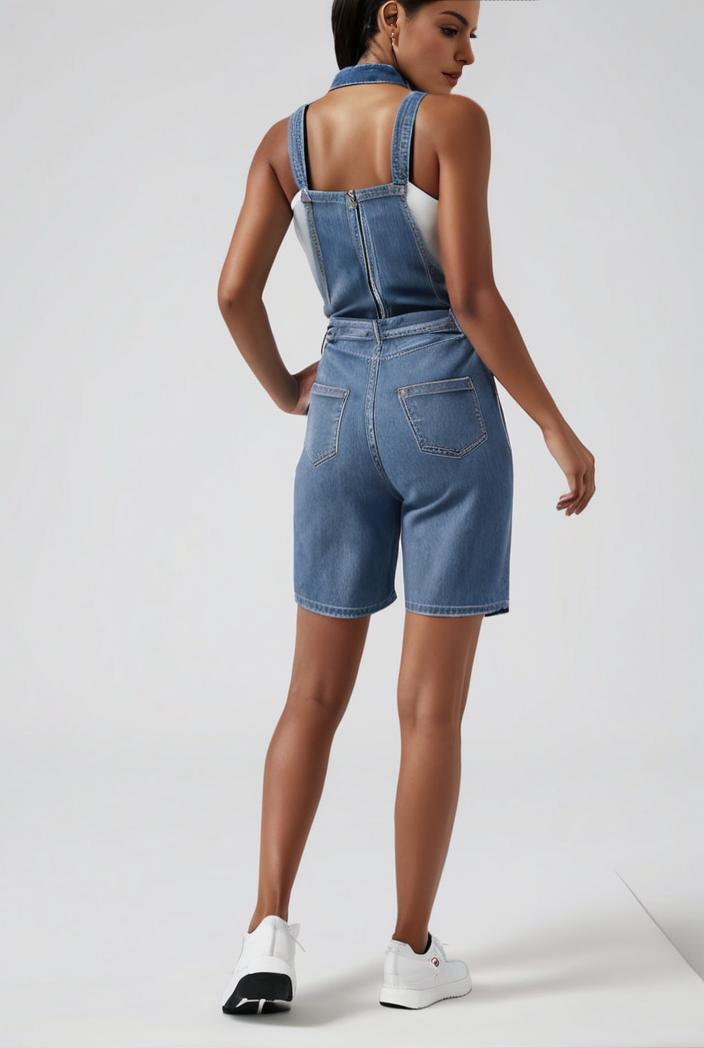 blue denim jumpsuit with distressed ripped details for women 126056