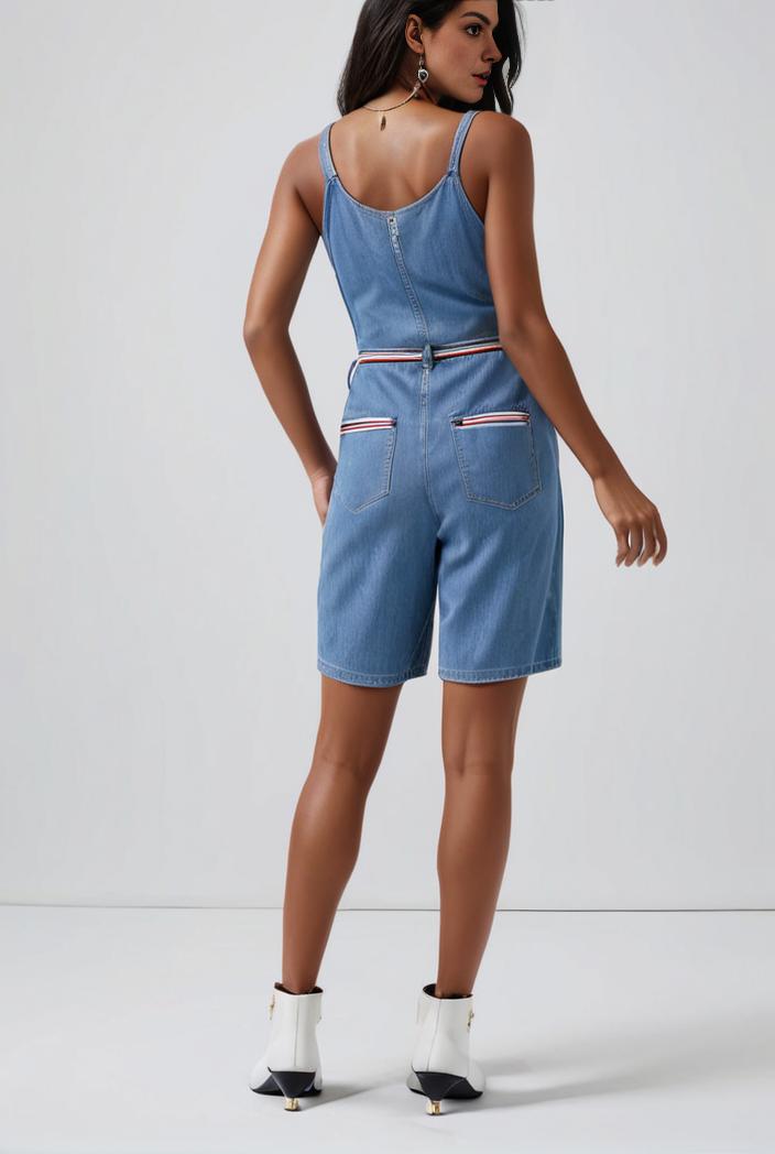 blue denim jumpsuit with distressed ripped details for women 126057