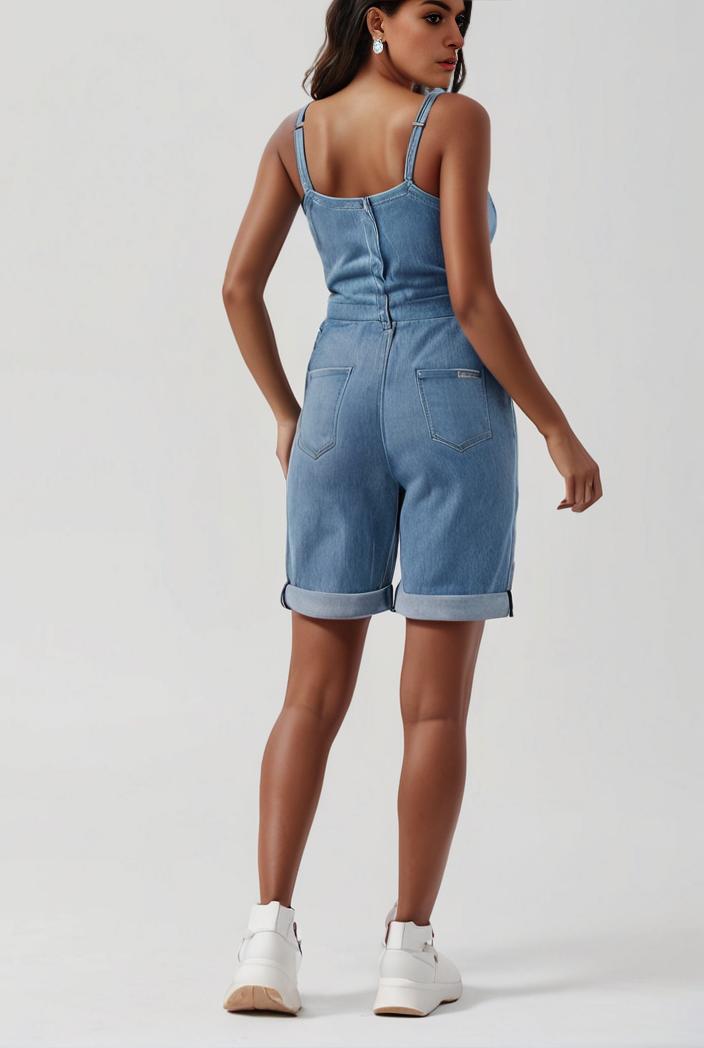 blue denim jumpsuit with distressed ripped details for women 126058