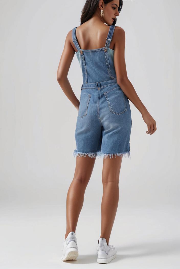 blue denim jumpsuit with distressed ripped details for women 126060