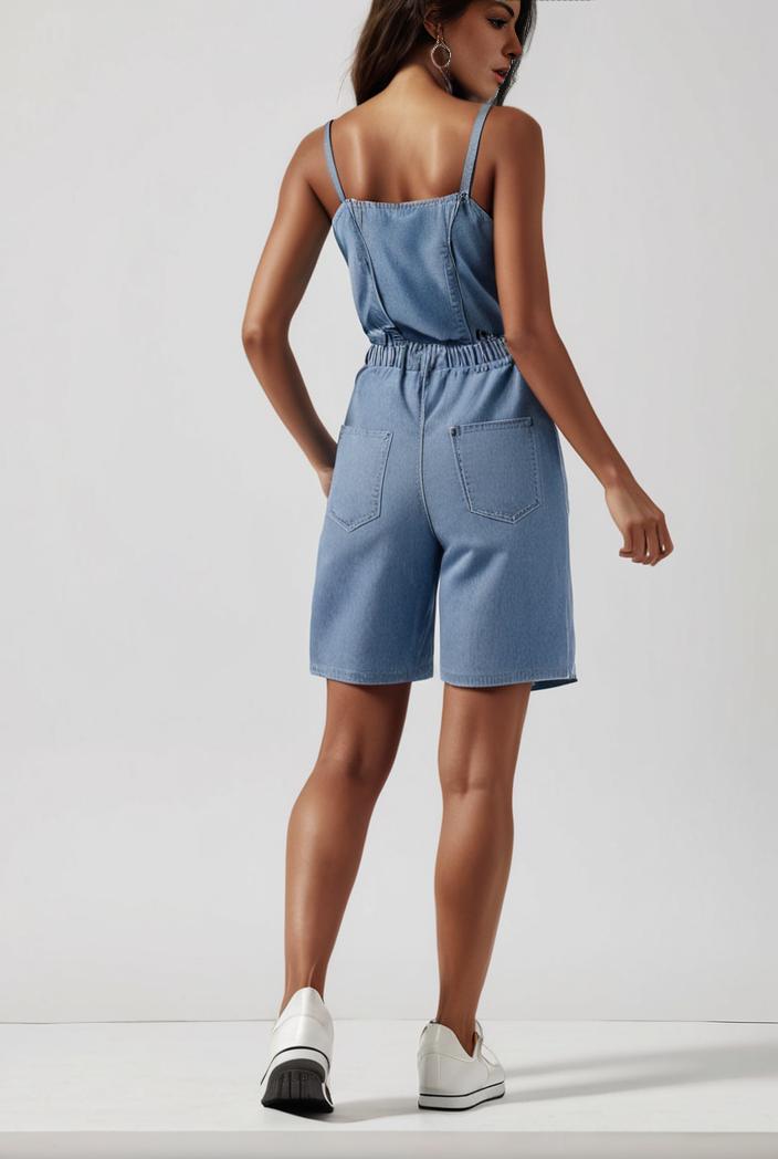 blue denim jumpsuit with distressed ripped details for women 126061