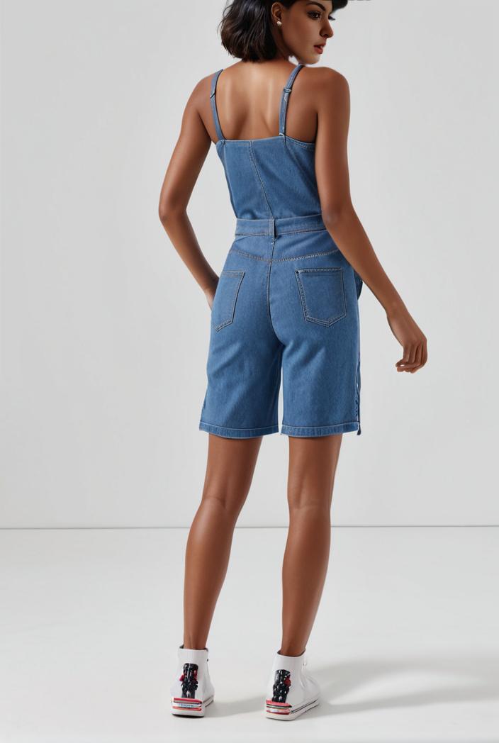 blue denim jumpsuit with distressed ripped details for women 126062