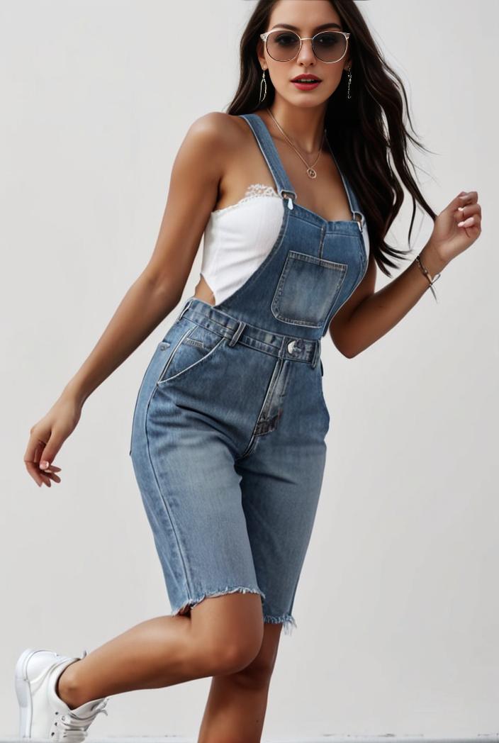 blue denim jumpsuit with distressed ripped details for women 126074