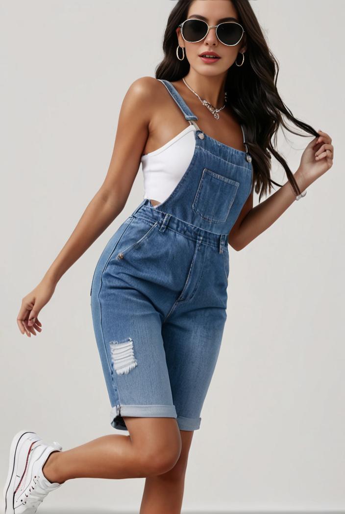 blue denim jumpsuit with distressed ripped details for women 126078