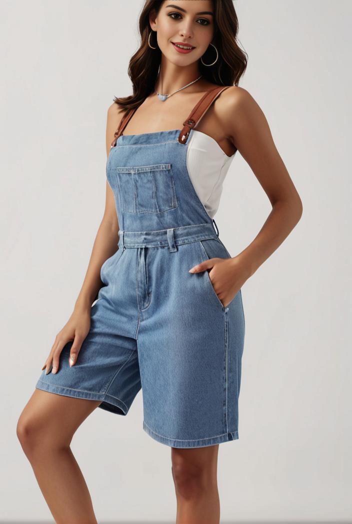 blue denim jumpsuit with distressed ripped details for women 126080