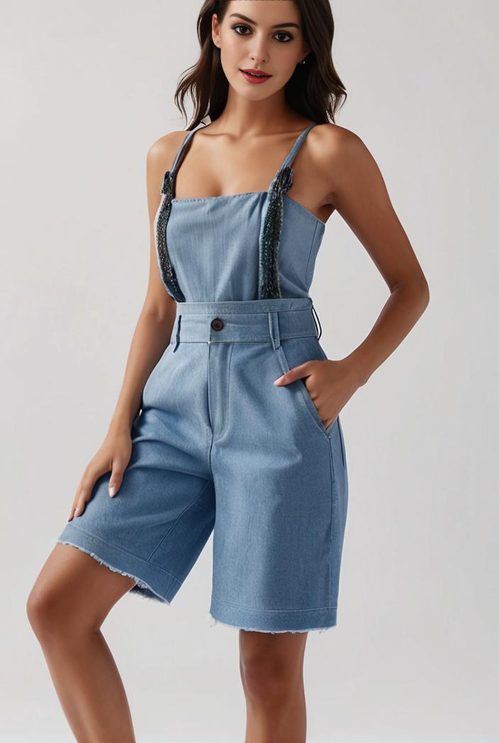 blue denim jumpsuit with distressed ripped details for women 126083