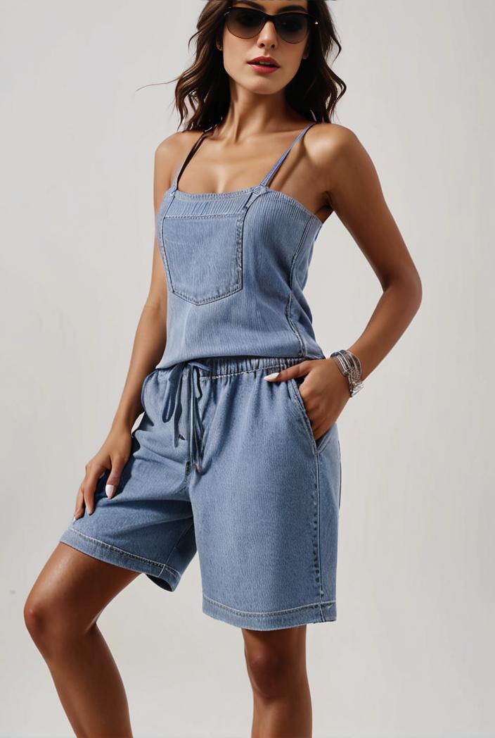 blue denim jumpsuit with distressed ripped details for women 126084