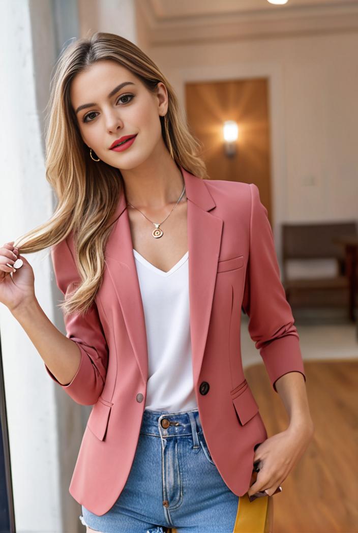 ladies solid button up blazer with long sleeves casual lapel design 142749