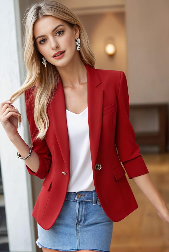 ladies solid button up blazer with long sleeves casual lapel design 142773