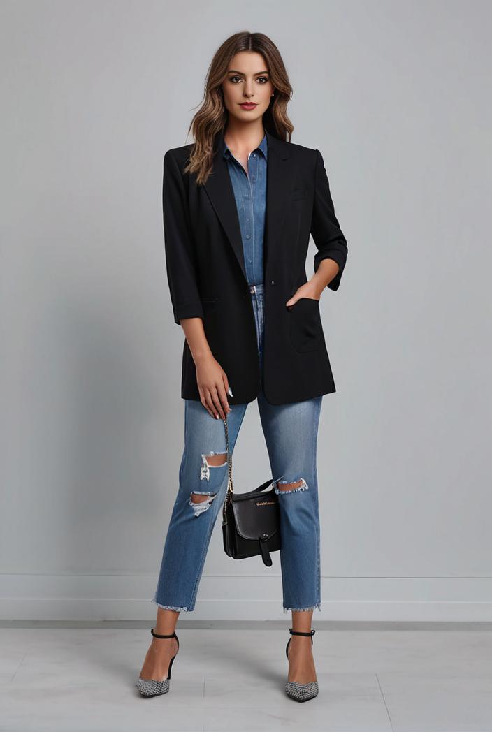 lapel neck blazer with button front stylish long sleeve jacket for office work women s apparel 142871