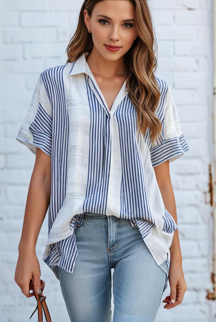 v neck thin loose plaid short sleeved blouse 104646