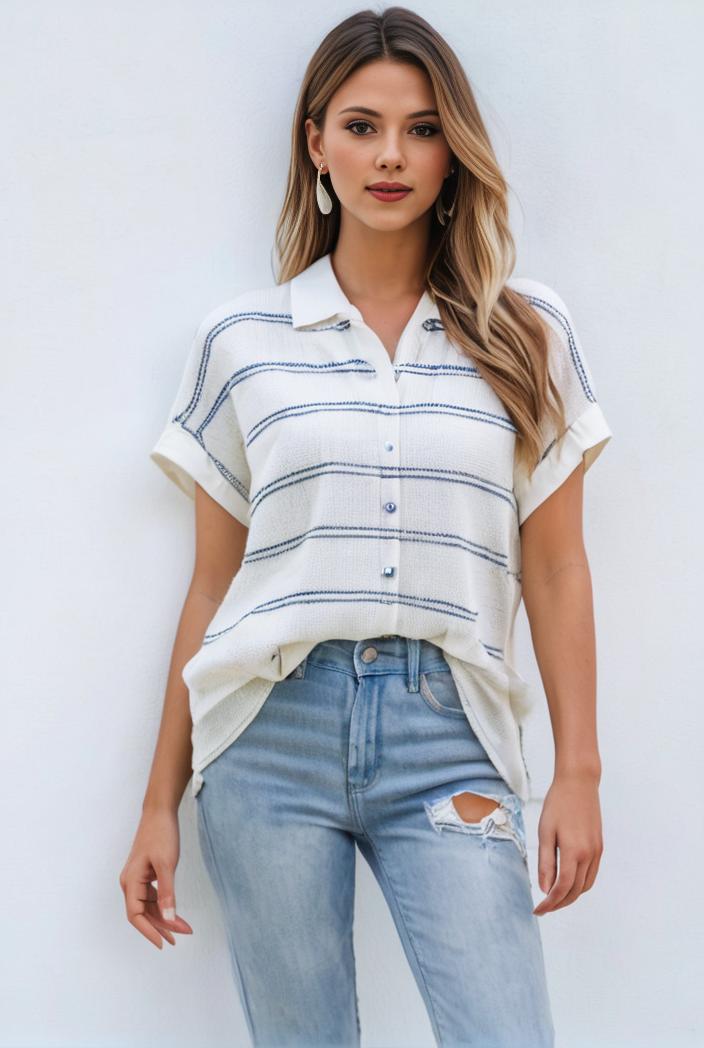 v neck thin loose plaid short sleeved blouse 104648